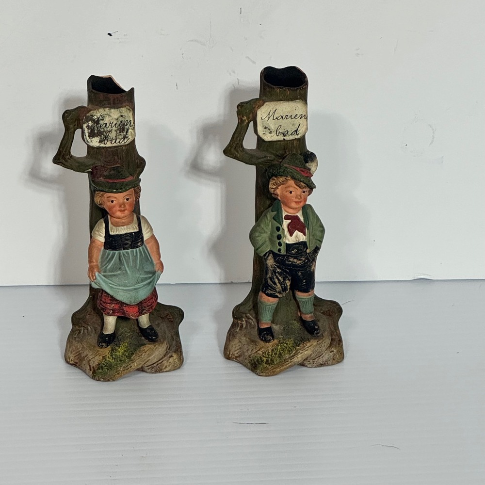 Vintage Marienbad German Boy and Girl Tree Trunk Vase Figurines Set of 2 Fair